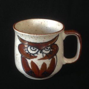 Vintage Speckled Stoneware Mug With Hand Painted Brown Owl.